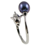 Freshwater Pearl Finger Ring with Brass Dolphin natural dark purple Inner Approx 16mm US Ring Sold By PC