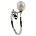 Pierścień z perłami słodkowodnymi, Perła naturalna słodkowodna, ze Mosiądz, Delfin, Naturalne, biały, 21x26x11.50mm, średnica wewnętrzna:około 16mm, rozmiar:5.5, sprzedane przez PC
