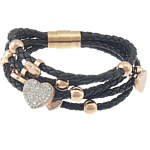 PU Leather Cord Bracelets, with Rhinestone Clay Pave Bead, stainless steel magnetic clasp, charm bracelet & with 51 pcs rhinestone & 5-strand, black, 17x14x11mm, 7x8x8mm, 20x10mm, 14x12x9mm, 10x9x9mm,, Length:Approx 8.5 Inch, 2Strands/Lot, Sold By Lot
