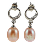 Freshwater Pearl Earrings, with Rhinestone, brass post pin, Teardrop, natural, pink, 13x23mm, Sold By Pair