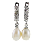 Freshwater Pearl Earrings, with Rhinestone, brass post pin, natural, white, 13x28mm, Sold By Pair