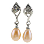 Freshwater Pearl Earrings with Rhinestone brass post pin Teardrop natural pink Sold By Pair