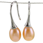 Freshwater Pearl Earrings, with Rhinestone, brass earring hook, Teardrop, natural, pink, 13x24mm, Sold By Pair