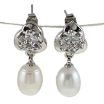 Freshwater Pearl Earrings with Rhinestone brass post pin Teardrop natural white Sold By Pair
