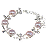 Freshwater Cultured Pearl Bracelet, Freshwater Pearl, with Rhinestone & Brass, iron lobster clasp, natural, purple, 10mm, Sold Per Approx 6 Inch Strand