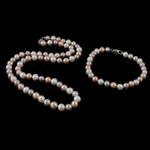Ensembles de bijoux de perle d'eau douce de culture naturelle, Bracelet & collier, perle d'eau douce cultivée, laiton fermoir homard, Rond, 6mm, Longueur:17 pouce,  6.5 pouce, Vendu par fixé