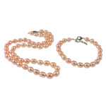 Naturliga Odlade Sötvatten Pearl Jewelry Sets, armband & halsband, Freshwater Pearl, mässing Karbinlås, Ris, rosa, 7mm, Längd 16 inch,  7 inch, Säljs av Ställ