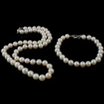 Natural Cultured Freshwater Pearl Jewelry Sets, bracelet & necklace, brass clasp, Round, white, 7mm, Length:16.5 Inch,  7 Inch, Sold By Set