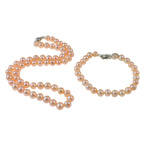 Natural Cultured Freshwater Pearl Jewelry Sets, bracelet & necklace, brass clasp, Round, pink, 7mm, Length:16.5 Inch,  7 Inch, Sold By Set