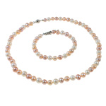 Natural Cultured Freshwater Pearl Jewelry Sets, bracelet & necklace, brass clasp, Round, 7mm, Length:16.5 Inch,  7 Inch, Sold By Set
