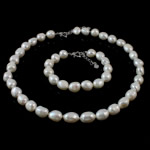 Natural Cultured Freshwater Pearl Jewelry Sets, bracelet & necklace, brass lobster clasp, Rice, white, 11-12mm, Length:16.5 Inch,  7 Inch, Sold By Set