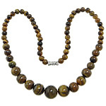Natural Gemstone Necklace, Tiger Eye, Tibetan Style screw clasp, Round, 6-12mm, Length:18 Inch, 5Strands/Lot, Sold By Lot