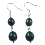 Freshwater Pearl Earrings, sterling silver earring hook, Oval, natural, black, 9x45mm, Sold By Pair
