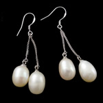 Boucles d'oreilles en perles d'eau douce, perle d'eau douce cultivée, argent pur boucle d'oreille crochet, blanc, 9-10mm, 50mm, Vendu par paire