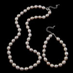 Natural Cultured Freshwater Pearl Jewelry Sets, bracelet & necklace, brass lobster clasp, Round, pink, 8mm, Length:16.5 Inch,  7 Inch, Sold By Set