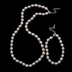 Natural Cultured Freshwater Pearl Jewelry Sets, bracelet & necklace, brass clasp, Round, pink, 7mm, Length:16 Inch,  7 Inch, Sold By Set