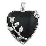 Black Agate Pendants, with Brass, Heart, platinum color plated, 32x37x9mm, Hole:Approx 4x8mm, 10PCs/Lot, Sold By Lot