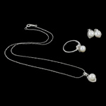 Natural Cultured Freshwater Pearl Jewelry Sets, finger ring & earring & necklace, with Brass, brass spring ring clasp, brass post pin, platinum color plated, 8.5x17.5x8.5mm, 21.5x28.5x11mm, 8x11x9mm, US Ring Size:8, Length:16.5 Inch, Sold By Set