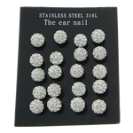 Stainless Steel Stud Earrings, 316L Stainless Steel, with Rhinestone Clay Pave, Round, with 50 pcs rhinestone, original color, 8mm, 0.8mm, 3Bags/Lot, 10Pairs/Bag, Sold By Lot