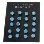 Stainless Steel Stud Earrings, 316L Stainless Steel, with cubic zirconia, blue, 4x4mm, 3Bags/Lot, 10Pairs/Bag, Sold By Lot
