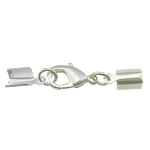 Brass Lobster Claw Cord Clasp, silver color plated, with cord tip, nickel, lead & cadmium free, 40mm, 11x6mm, Inner Diameter:Approx 5.5mm, 200Sets/Lot, Sold By Lot