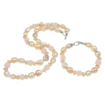 Natural Cultured Freshwater Pearl Jewelry Sets, bracelet & necklace, with Cats Eye & Crystal, brass clasp, 11-12mm, Length:7.5 Inch, 20 Inch, Sold By Set