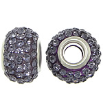 European Resin Beads, Rondelle, platinum color plated, brass double core without troll & with rhinestone, purple, 9x15mm, Hole:Approx 5mm, 50PCs/Lot, Sold By Lot