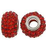 European Resin Beads, Rondelle, platinum color plated, brass double core without troll & with rhinestone, red, 9x15mm, Hole:Approx 5mm, 50PCs/Lot, Sold By Lot