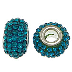 European Harz Perlen, Rondell, Platinfarbe platiniert, Messing-Dual-Core ohne troll & mit Strass, blau, 9x15mm, Bohrung:ca. 5mm, 50PCs/Menge, verkauft von Menge