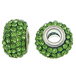European Resin Beads, Rondelle, platinum color plated, brass double core without troll & with rhinestone, green, 9x15mm, Hole:Approx 5mm, 50PCs/Lot, Sold By Lot