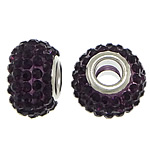 European Resin Beads, Rondelle, platinum color plated, brass double core without troll & with rhinestone, dark purple, 9x15mm, Hole:Approx 5mm, 50PCs/Lot, Sold By Lot