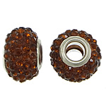 European Resin Beads, Rondelle, platinum color plated, brass double core without troll & with rhinestone, brown, 9x15mm, Hole:Approx 5mm, 50PCs/Lot, Sold By Lot