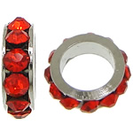 Rhinestone Spacers, Tibetan Style, Rondelle, platinum color plated, with rhinestone, red, nickel, lead & cadmium free, 3x8mm, Hole:Approx 5mm, 200PCs/Lot, Sold By Lot