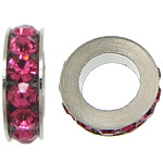 Rhinestone Spacers, Tibetan Style, Rondelle, platinum color plated, with rhinestone, rose carmine, nickel, lead & cadmium free, 3x11mm, Hole:Approx 6mm, 200PCs/Lot, Sold By Lot
