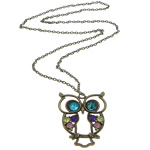 Tibetan Style Jewelry Necklace, Owl, antique bronze color plated, oval chain & with rhinestone, nickel, lead & cadmium free, 50x40mm, Hole:Approx 2mm, Length:Approx 31 Inch, 50PCs/Lot, Sold By Lot