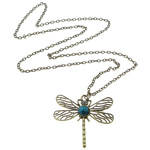 Tibetan Style Jewelry Necklace, with Acrylic, Dragonfly, antique bronze color plated, oval chain & with rhinestone, nickel, lead & cadmium free, 46x42mm, Hole:Approx 3mm, Length:Approx 28 Inch, 50PCs/Lot, Sold By Lot