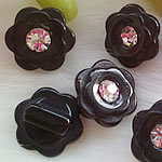 Ρητίνη Shank Button, Λουλούδι, με στρας, μαύρος, 12mm, 300PCs/τσάντα, Sold Με τσάντα