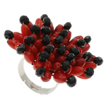 Natürliche Koralle Fingerring, mit Kristall & Eisen, Blume, Platinfarbe platiniert, 42x30mm, Innendurchmesser:ca. 18mm, Größe:7.5, 5PCs/Tasche, verkauft von Tasche