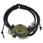 Women Watch Bracelet, Tibetan Style, with Leather & Wax Cord & Glass & Copper Coated Plastic, antique bronze color plated, nickel, lead & cadmium free, 26x35.50x14mm, Length:Approx 7.5 Inch, Sold By PC