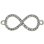 Infinity Tibetan Style Connector, platinum color plated, with rhinestone & 1/1 loop, nickel, lead & cadmium free, 43x16x2.50mm, Hole:Approx 2mm, 100PCs/Lot, Sold By Lot
