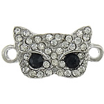 Animal Tibetan Style Connector, Cat, platinum color plated, with rhinestone & 1/1 loop, nickel, lead & cadmium free, 24x12x3mm, Hole:Approx 2mm, 100PCs/Lot, Sold By Lot