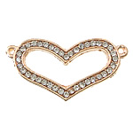 Heart Tibetan Style Connector, rose gold color plated, with rhinestone & 1/1 loop, nickel, lead & cadmium free, 37x19x2mm, Hole:Approx 2mm, 100PCs/Lot, Sold By Lot
