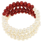 perle d'eau douce cultivée bracelet ordinaire, avec corail naturel, naturel, 4 brins & deux tons, 6mm, Vendu par Environ 26.5 pouce brin
