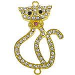 Animal Tibetan Style Connector, Cat, gold color plated, with rhinestone & 1/1 loop, nickel, lead & cadmium free, 27x43x5mm, Hole:Approx 2mm, 50PCs/Lot, Sold By Lot