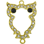 Animal Tibetan Style Connector, Owl, gold color plated, with rhinestone & 1/1 loop, nickel, lead & cadmium free, 23x34x2.50mm, Hole:Approx 2mm, 100PCs/Lot, Sold By Lot