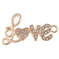 Letter Tibetan Style Connector, word love, rose gold color plated, with rhinestone & 1/1 loop, nickel, lead & cadmium free, 38x20x2.50mm, Hole:Approx 3mm, 100PCs/Lot, Sold By Lot