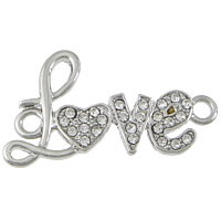Letter Tibetan Style Connector, word love, platinum color plated, with rhinestone & 1/1 loop, nickel, lead & cadmium free, 38x20x2.50mm, Hole:Approx 3mm, 100PCs/Lot, Sold By Lot