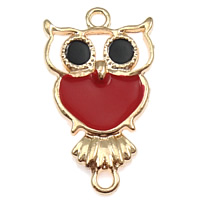 Animal Tibetan Style Connector, Owl, rose gold color plated, enamel & 1/1 loop, red, nickel, lead & cadmium free, 17x30x3mm, Hole:Approx 3mm, 100PCs/Lot, Sold By Lot