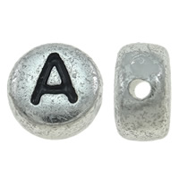 ABS-Kunststoff Alphabet Perlen, ABS Kunststoff, flache Runde, antik silberfarben plattiert, verschiedene Muster für Wahl & mit Brief Muster & Schwärzen, 7x4mm, Bohrung:ca. 1mm, ca. 3600PCs/Tasche, verkauft von Tasche