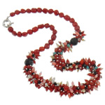 Natural Coral Necklace with Black Agate & Crystal brass spring ring clasp red 12mm Sold Per Approx 20 Inch Strand